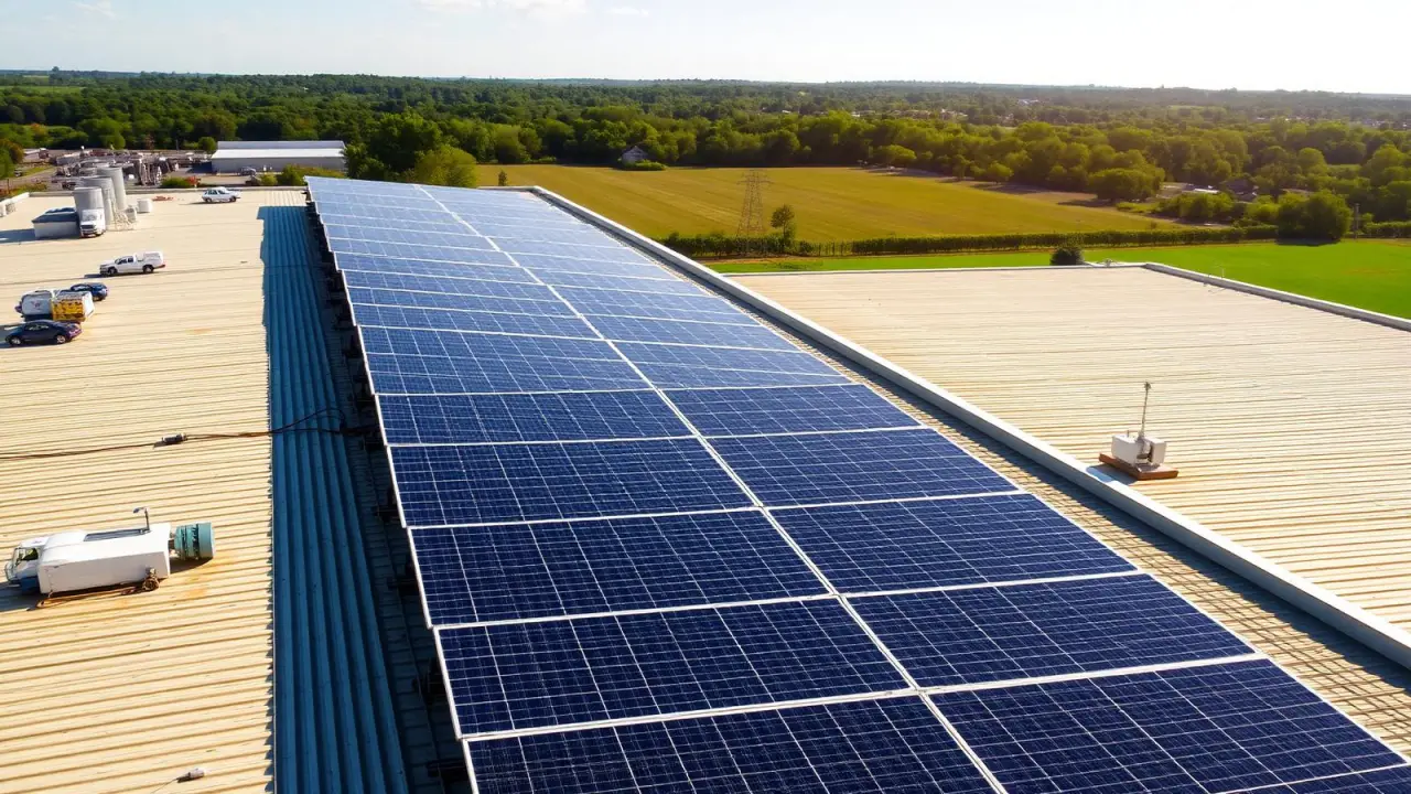 Sončni moduli na strehi industrijskega objekta z zelenim zaledjem v sončnem dnevu
