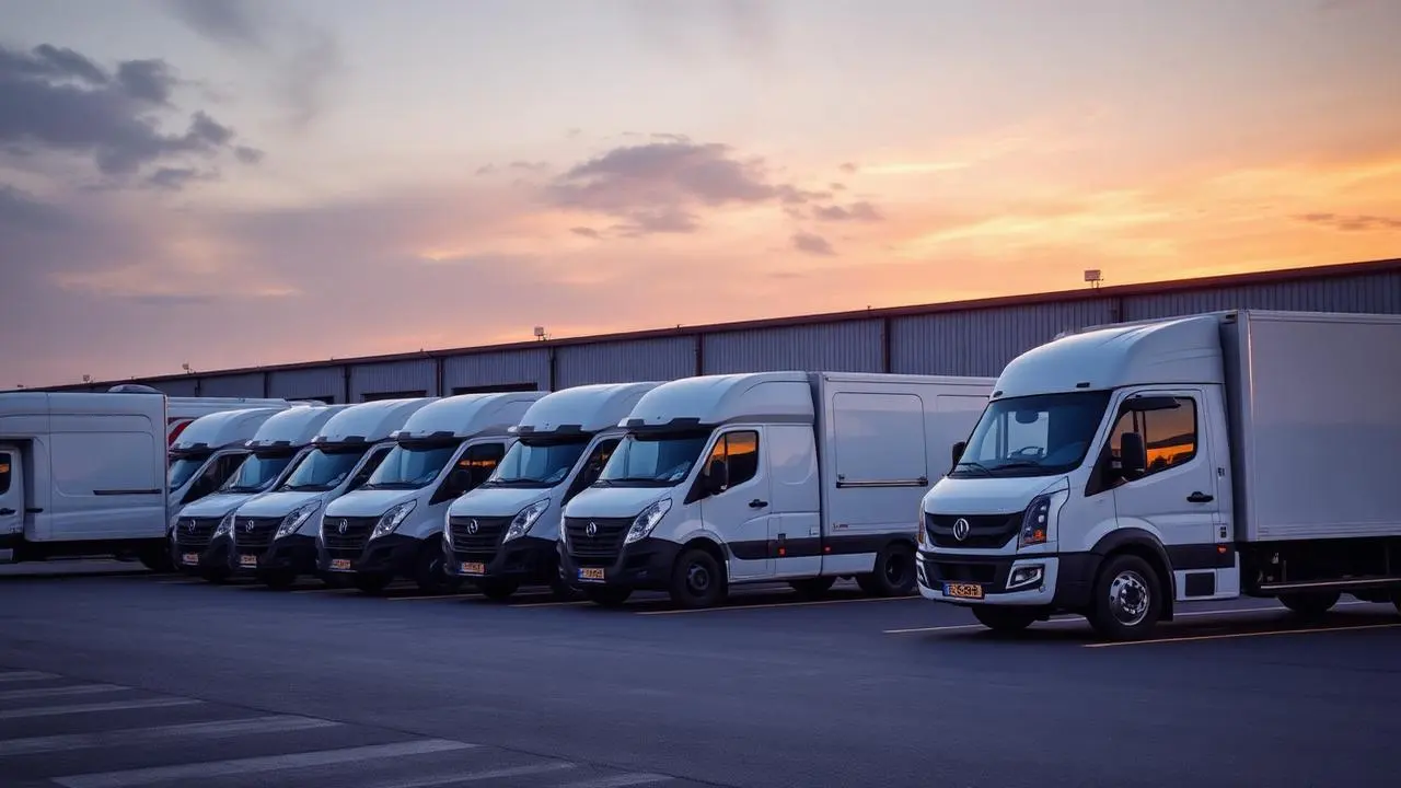 Vrsta belih dostavnih vozil in tovornjak na parkirišču logističnega centra